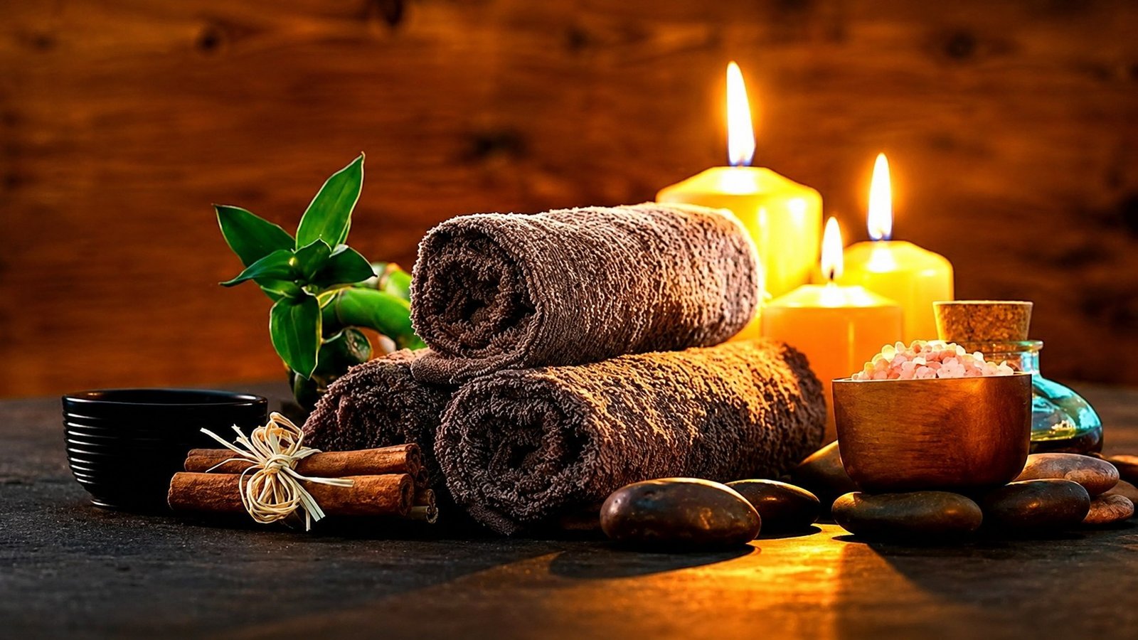 TerraLux SPA Chișinău — atmosferă wellness cu prosoape rulate, lumânări aprinse, sare de baie și pietre calde