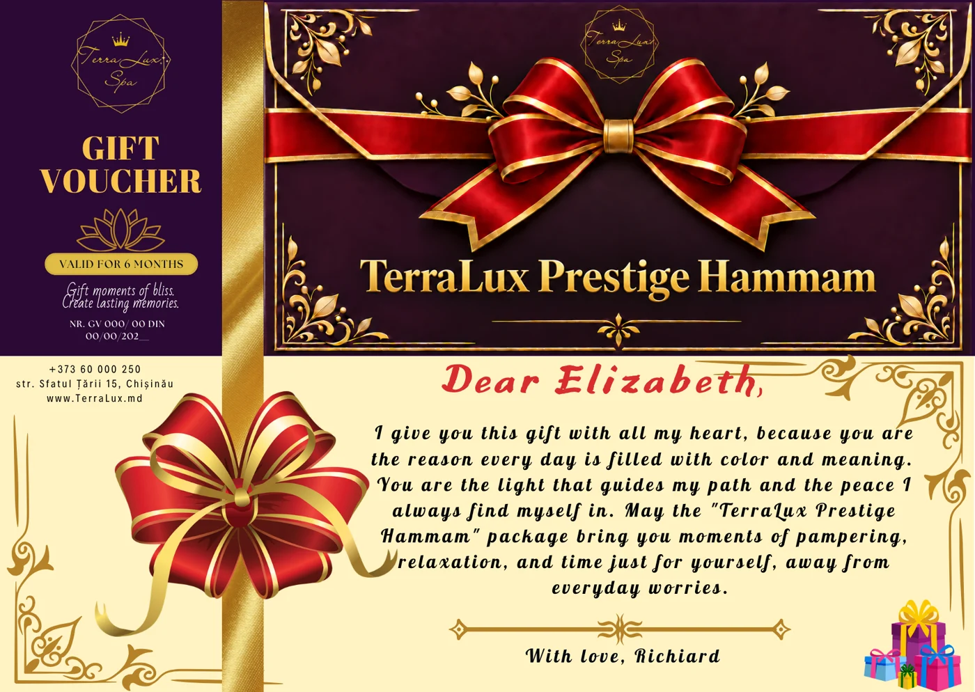 Personalised TerraLux SPA Gift Voucher — TerraLux Prestige Hammam, with the recipient name and a personal message