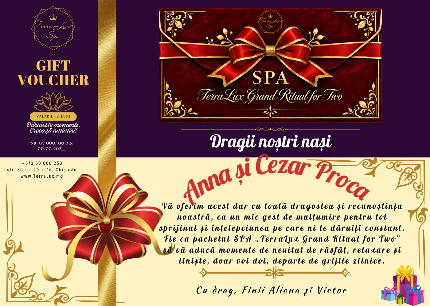 Gift Voucher TerraLux SPA personalizat — TerraLux Grand Ritual for Two, cu numele și mesajul celor care oferă cadoul